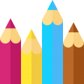 Imagem com quatro lápis coloridos, sendo um rosa, um amarelo, um azul e um marrom simbolizando as escolas.