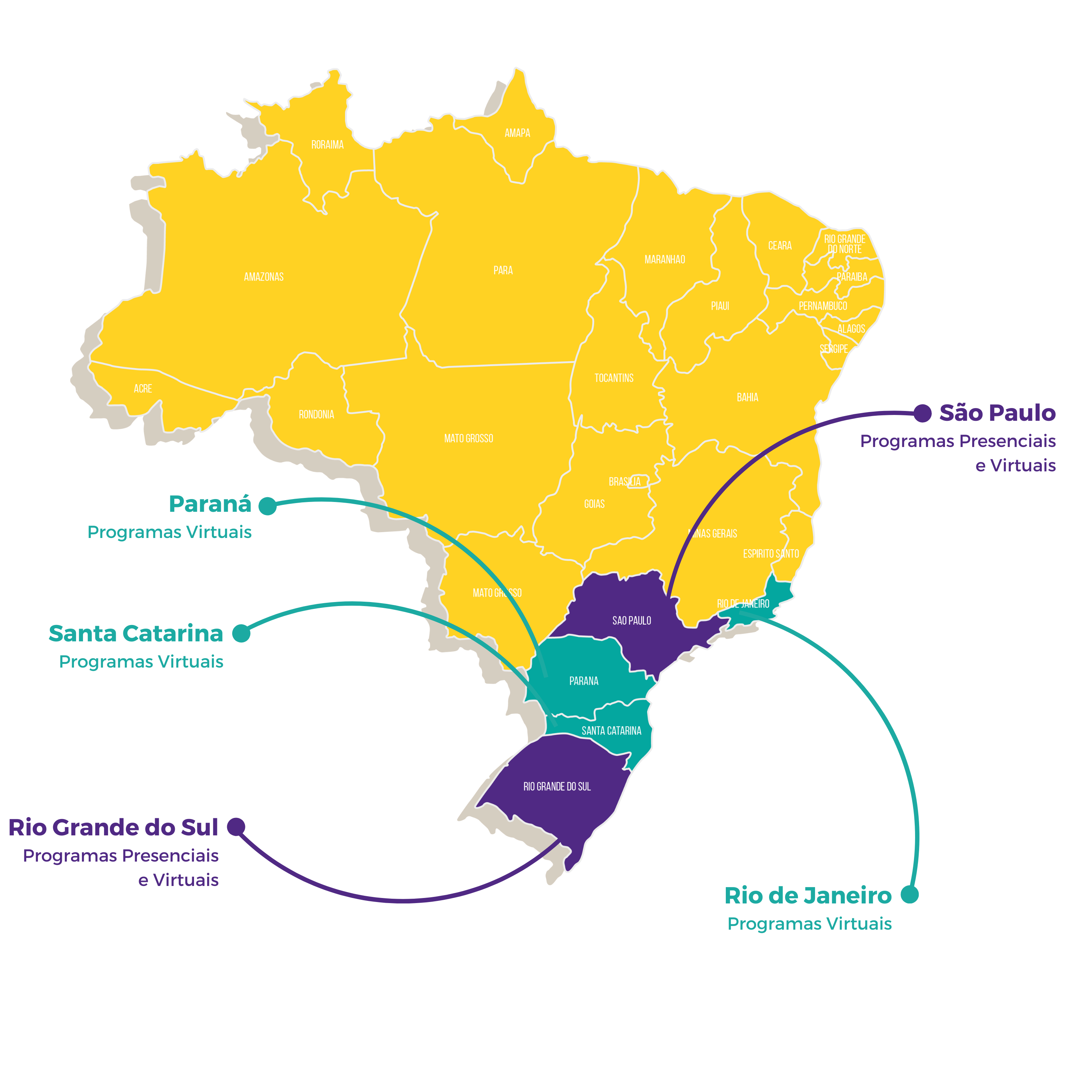 Mapa do Brasil com a expansão da ONG nos vários estados.